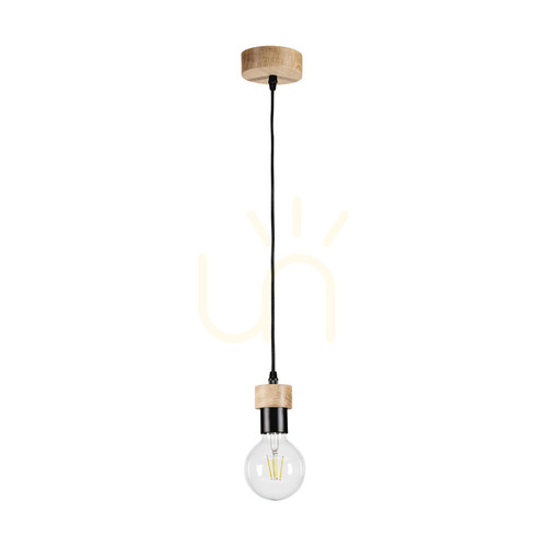 Check Clarte Wood Pendant Light, 1xE27, Max. 60W, Oiled Oak/Black Metal/Black Braided Cable, Ø10 cm