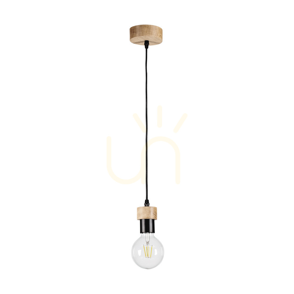 Clarte Wood Pendant Light, 1xE27, Max. 60W, Oiled Oak/Black Metal/Black Braided Cable, Ø10 cm