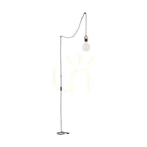 Check Clarte Wood Pendant Light, 1xE27, Max. 60W, Oiled Oak/Black Metal/Black Braided Cable, Ø6 cm