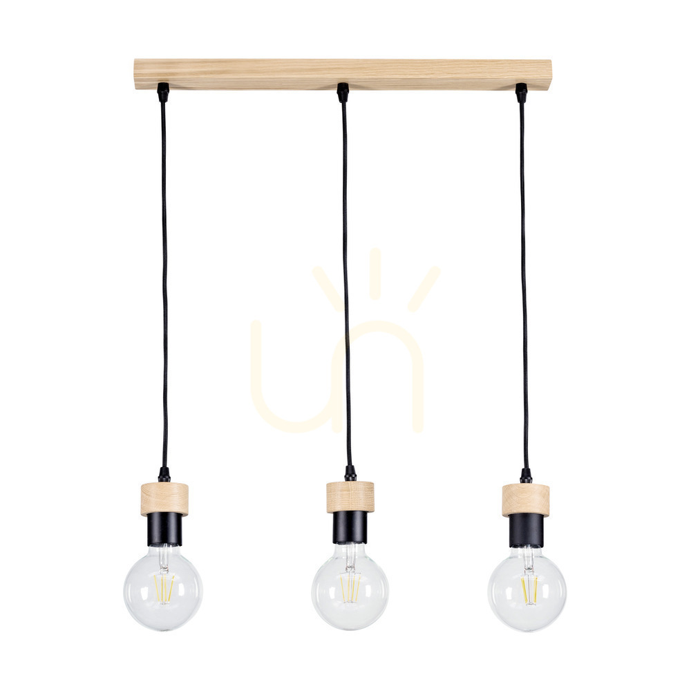 Clarte Wood Pendant Light, 3xE27, Max. 60W, Oiled Oak/Black Metal/Black Braided Cable, 55 cm