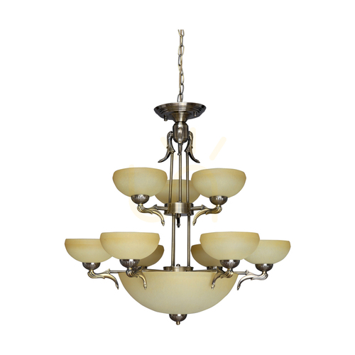 Check Cremona Chandelier, 12xE27, Max. 60W, Metal Patina/Ecru Glass Shades, Ø75.5 cm