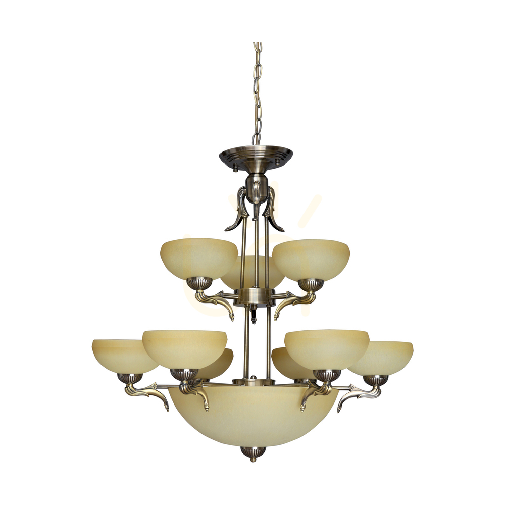Cremona Chandelier, 12xE27, Max. 60W, Metal Patina/Ecru Glass Shades, Ø75.5 cm