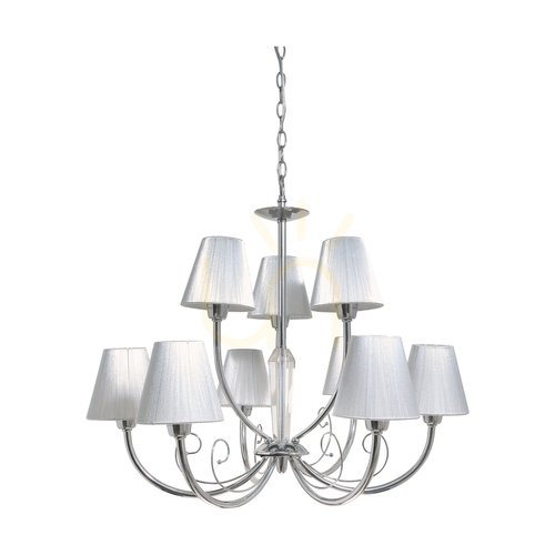 Check Cubana Chandelier, 9xE14, Max. 40W, Chrome Metal/Silver, Lampshade Ø74 cm