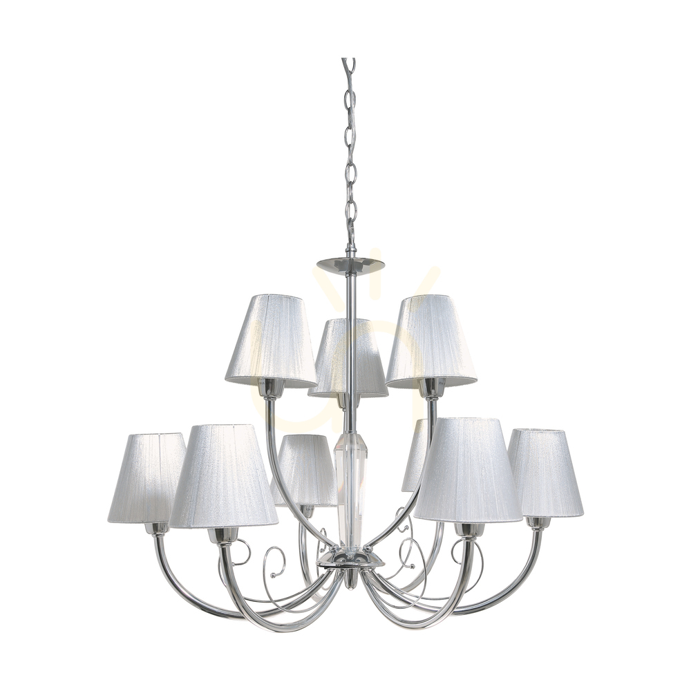 Cubana Chandelier, 9xE14, Max. 40W, Chrome Metal/Silver, Lampshade Ø74 cm