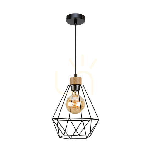 Check Diament Pendant Light, 1xE27, Max. 60W, Oiled Oak/Black Metal/Black PVC Cable/Black Metal Shade, Ø25 cm
