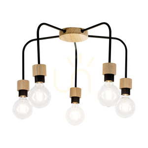 Eclait Ceiling Light, 5xE27, Max. 40W, Oiled Oak/Black Metal, Ø55 cm small 1
