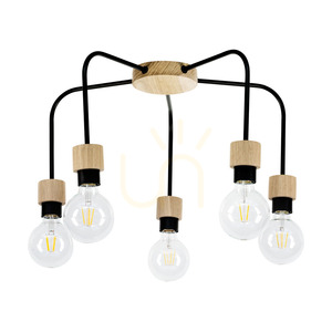 Eclait Ceiling Light, 5xE27, Max. 40W, Oiled Oak/Black Metal, Ø55 cm small 0