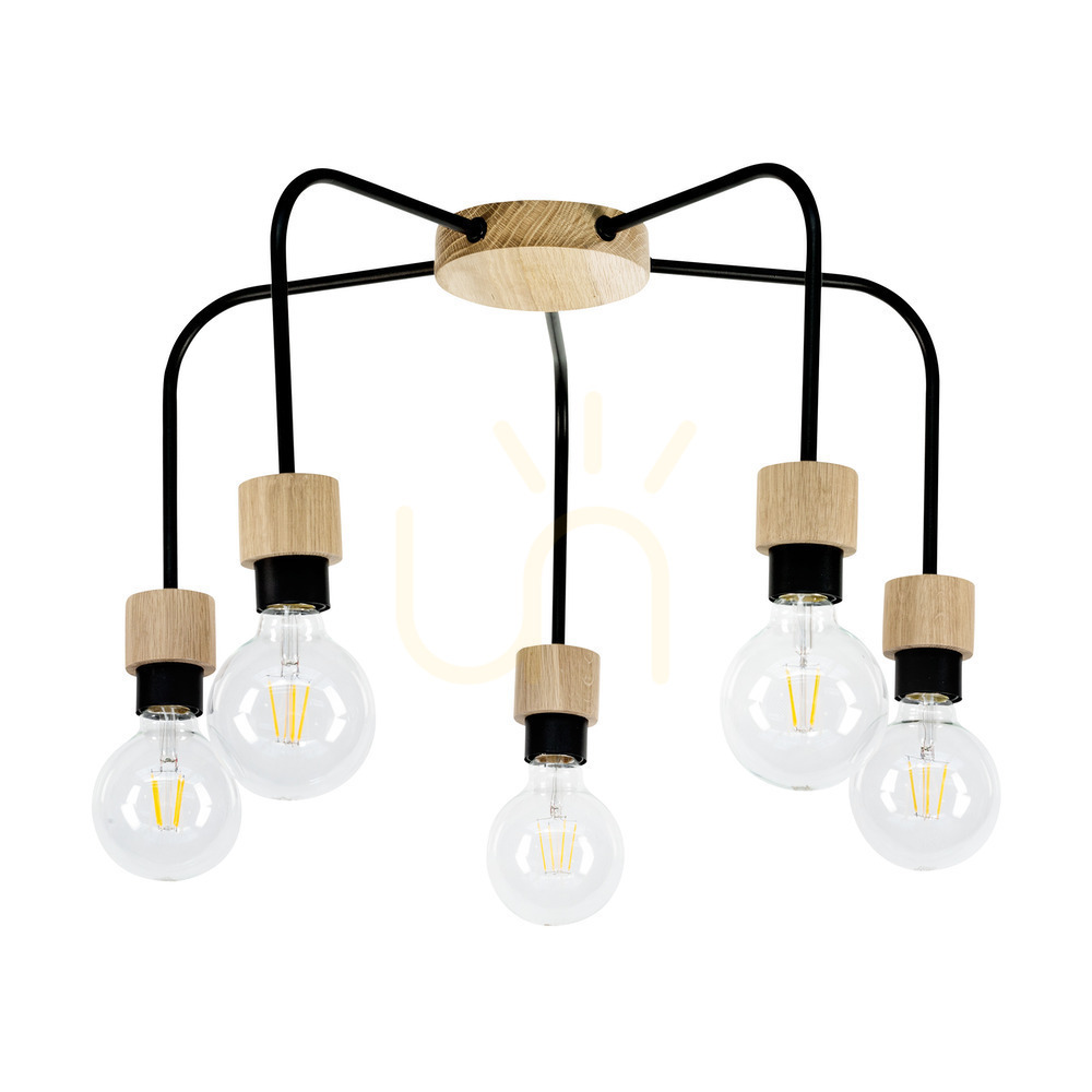 Eclait Ceiling Light, 5xE27, Max. 40W, Oiled Oak/Black Metal, Ø55 cm