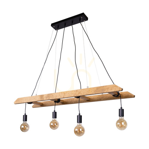 Check Eskalo 4xE27 Pendant Light, Max. 60W, Brown-Stained Pine / Black Metal / Black PVC Cable, 123.5 cm