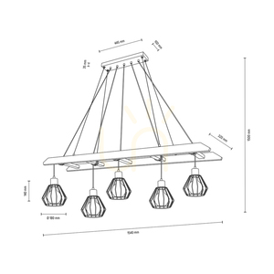 Eskalo Pendant Light, 5xE27, Max. 60W, Brown-Stained Pine / Black Metal / Black PVC Cable / Black Metal Shade, 154 cm small 3