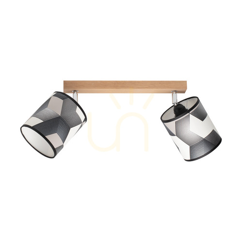 Check Espacio Ceiling Light, 2xE27, Max. 25W, Oiled Oak/Chrome Metal/Multicolored Wallpaper Lampshade, 52 cm