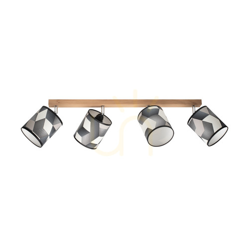 Check Espacio Ceiling Light, 4xE27, Max. 25W, Oiled Oak/Chrome Metal/Multicolored Wallpaper Lampshade, 90 cm