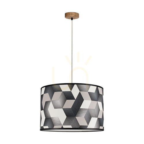 Check Espacio Pendant Light, 1xE27, Max. 60W, Oiled Oak / Transparent PVC Cable / Multicolored Wallpaper Lampshade, Ø40 cm
