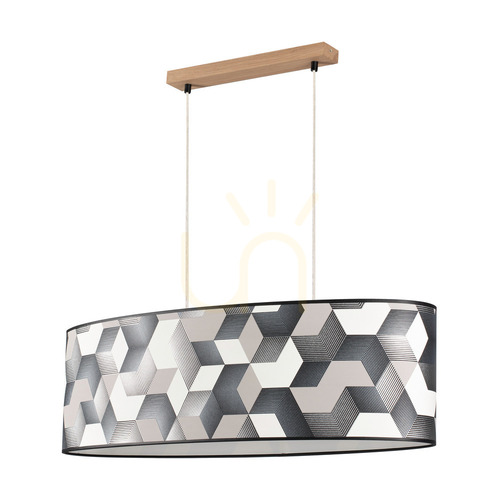 Check Espacio Pendant Light, 2xE27, Max. 40W, Oiled Oak / Transparent PVC Cable / Multicolored Wallpaper Lampshade, 80 cm