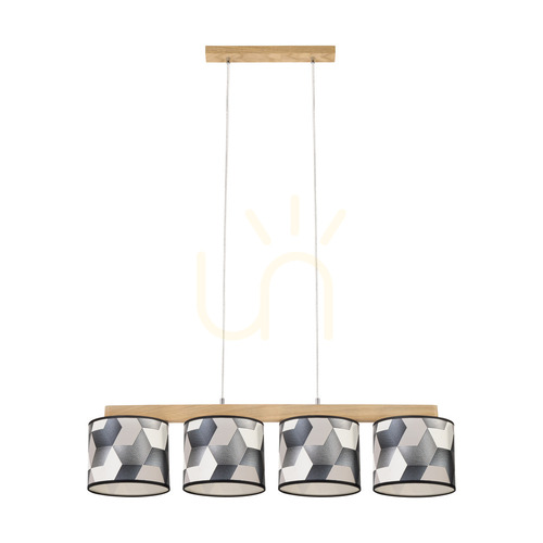 Check Espacio Pendant Light, 4xE27, Max. 25W, Oiled Oak / Transparent PVC Cable / Multicolored Wallpaper Lampshade, 86 cm