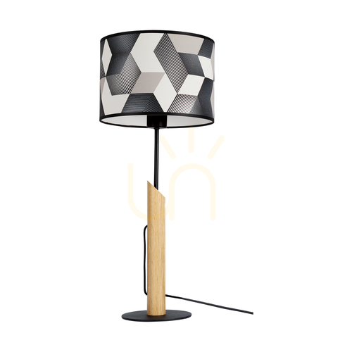Check Espacio Table Lamp, 1xE27, Max. 60W, Oiled Oak/Black Metal/Black PVC Cable/Multicolored Wallpaper Lampshade, Ø27 cm