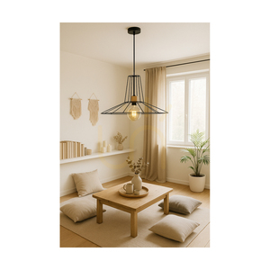 Ferro Pendant Light, 1xE27, Max. 60W, Oiled Oak/Black Metal/Black PVC Cable/Black Metal Shade, Ø55 cm small 2