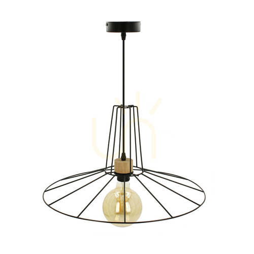 Check Ferro Pendant Light, 1xE27, Max. 60W, Oiled Oak/Black Metal/Black PVC Cable/Black Metal Shade, Ø55 cm