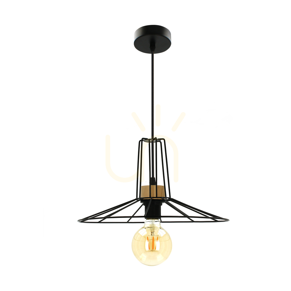 Ferro Pendant Light, 1xE27, Max. 60W, Oiled Oak/Black Metal/Black PVC Cable/Black Metal Shade, Ø35 cm