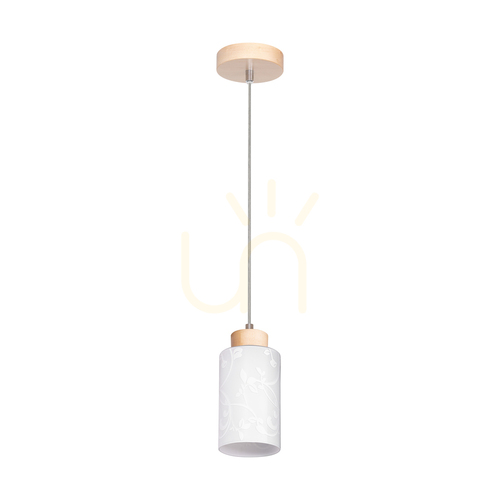 Check Flores Pendant Light, 1xE27, Max. 60W, Birch/Transparent PVC Cable/White Glass Shade with Floral Pattern, Ø10 cm