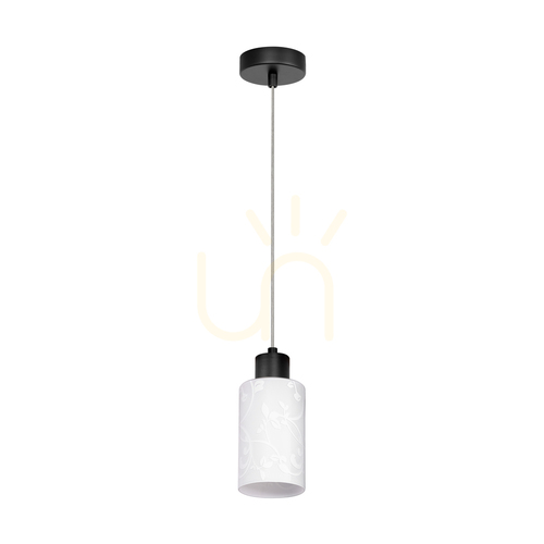 Check Flores Pendant Light, 1xE27, Max. 60W, Black Metal/Transparent PVC Cable/White Glass Shade with Floral Pattern, Ø10 cm