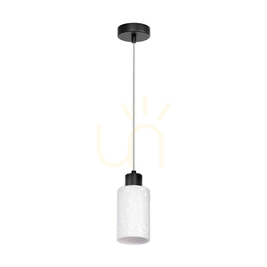 Flores Pendant Light, 1xE27, Max. 60W, Black Metal/Transparent PVC Cable/White Glass Shade with Floral Pattern, Ø10 cm small 0