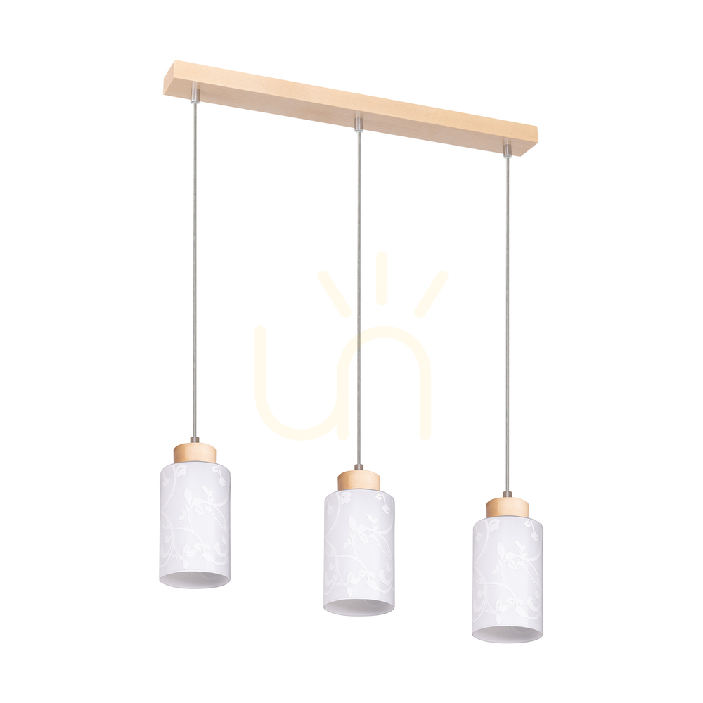 Flores Pendant Light, 3xE27, Max. 60W, Birch/Transparent PVC Cable/White Glass Shade with Floral Pattern, 54 cm