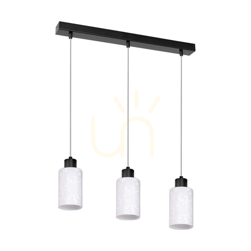 Check Flores Pendant Light, 3xE27, Max. 60W, Black Metal/Transparent PVC Cable/White Glass Shade with Floral Pattern, 57 cm