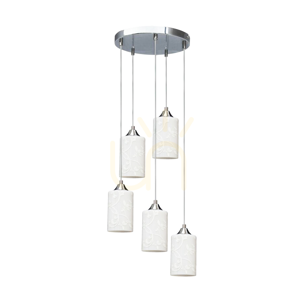 Flowers Pendant Light, 5xE27, Max. 60W, Chrome Metal / Transparent PVC Cable / White Glass Shade with Floral Pattern, Ø35 cm