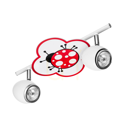 Check Fly Ceiling Light, 2xGU10, Max. 50W, White/Chrome Metal with Ladybug Pattern, 33.5 cm