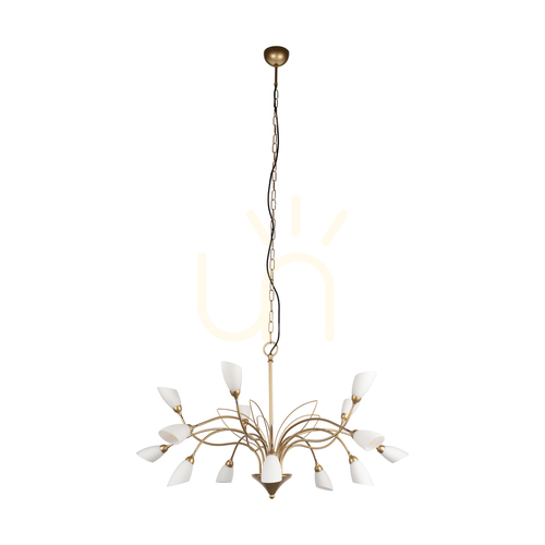 Check Gloriosa Pendant Light, 15xG9, Max. 6W LED, Gold Metal/Black PVC Cable/White Glass Shade, Ø108 cm