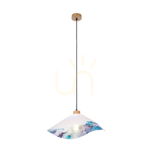 Hattu Floral Pendant Light 1xE27 Max. 40W Oiled Oak/Black Braided Cable/White and Multicolored Lampshade Ø50 cm small 1
