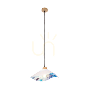 Hattu Floral Pendant Light 1xE27 Max. 40W Oiled Oak/Black Braided Cable/White and Multicolored Lampshade Ø40 cm small 1