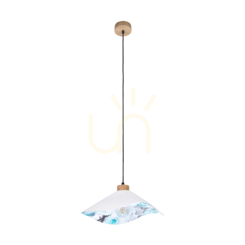 Check Hattu Floral Pendant Light 1xE27 Max. 40W Oiled Oak/Black Braided Cable/White and Multicolored Lampshade Ø40 cm