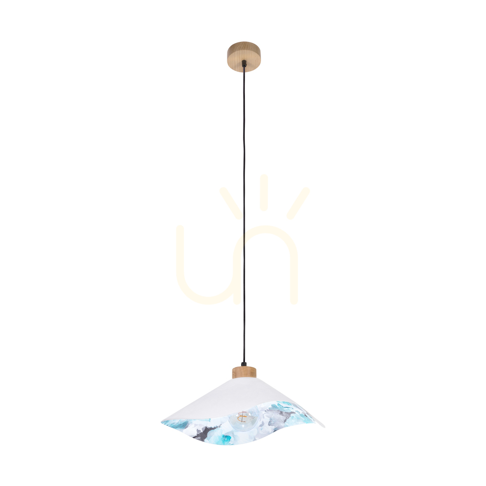 Hattu Floral Pendant Light 1xE27 Max. 40W Oiled Oak/Black Braided Cable/White and Multicolored Lampshade Ø40 cm