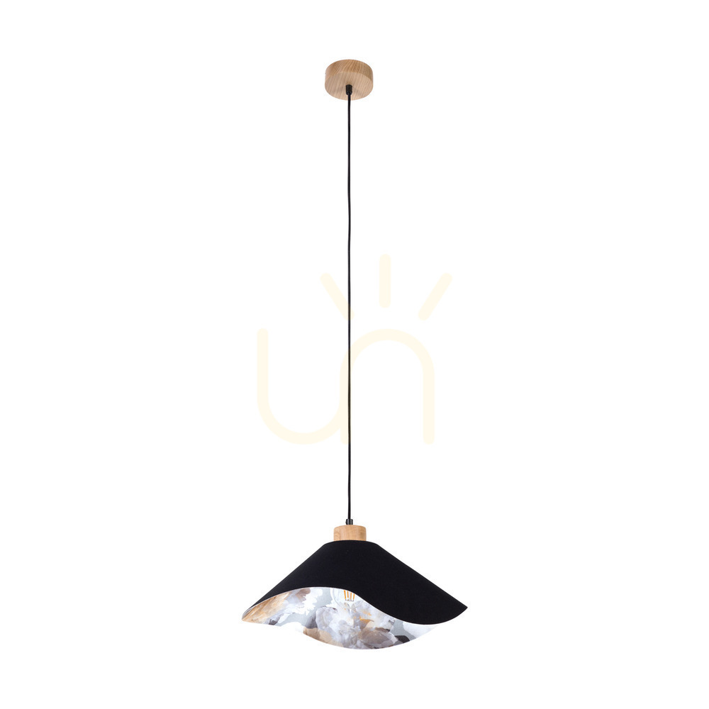 Hattu Floral Pendant Light, 1xE27, Max. 40W, Oiled Oak / Braided Black Cable / Black and Multicolored Lampshade, Ø40 cm