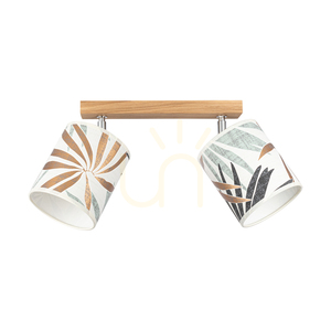 Hoja Ceiling Light, 2xE27, Max. 25W, Oiled Oak/Chrome Metal/Multicolored Wallpaper Lampshade, 52 cm small 2
