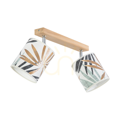Check Hoja Ceiling Light, 2xE27, Max. 25W, Oiled Oak/Chrome Metal/Multicolored Wallpaper Lampshade, 52 cm