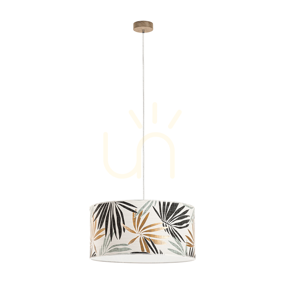 Hoja Pendant Light, 1xE27, Max. 60W, Oiled Oak / Transparent PVC Cable / Multicolored Wallpaper Lampshade, Ø50 cm