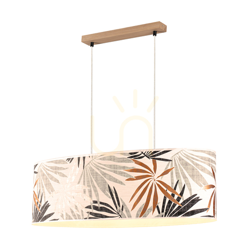 Check Hoja Pendant Light 2xE27 Max. 40W Oiled Oak/Transparent PVC Cable/Multicolored Wallpaper Lampshade 80 cm