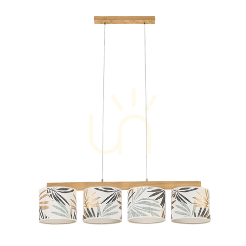 Check Hoja Pendant Light 4xE27 Max. 25W Oiled Oak/Transparent PVC Cable/Multicolored Wallpaper Lampshade 86 cm