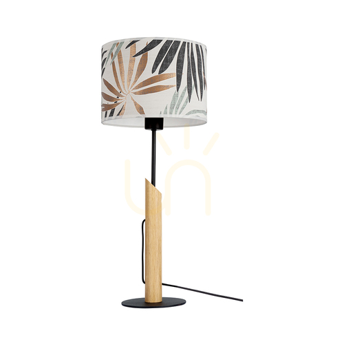 Check Hoja Table Lamp, 1xE27, Max. 60W, Oiled Oak/Black Metal/Black Braided Cable/Multicolored Wallpaper Lampshade, Ø27 cm