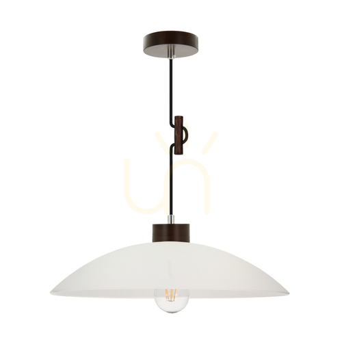 Check Jona Pendant Light, 1xE27, Max. 60W, Beech and Walnut Wood, Braided Cable, White Glass Shade, Ø40 cm