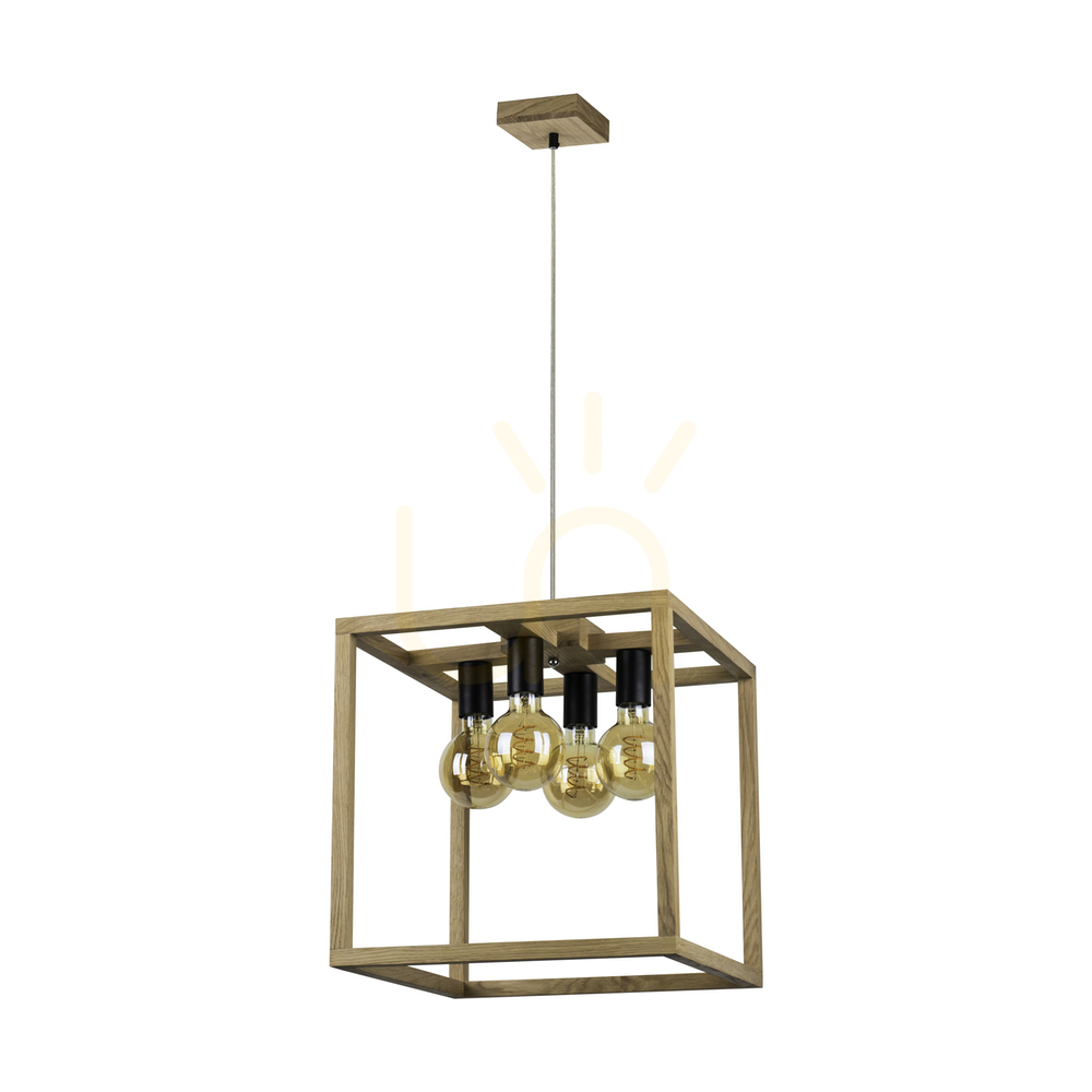 Kago Pendant Light 4xE27 Max. 60W Oiled Oak/Black Metal/Transparent PVC Cable 40 cm