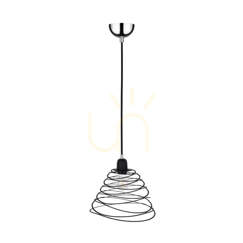 Check Komet Pendant Light, 1xE27, Max. 60W, Chrome Metal/Black PVC Cable/Black Metal Shade, Ø30 cm