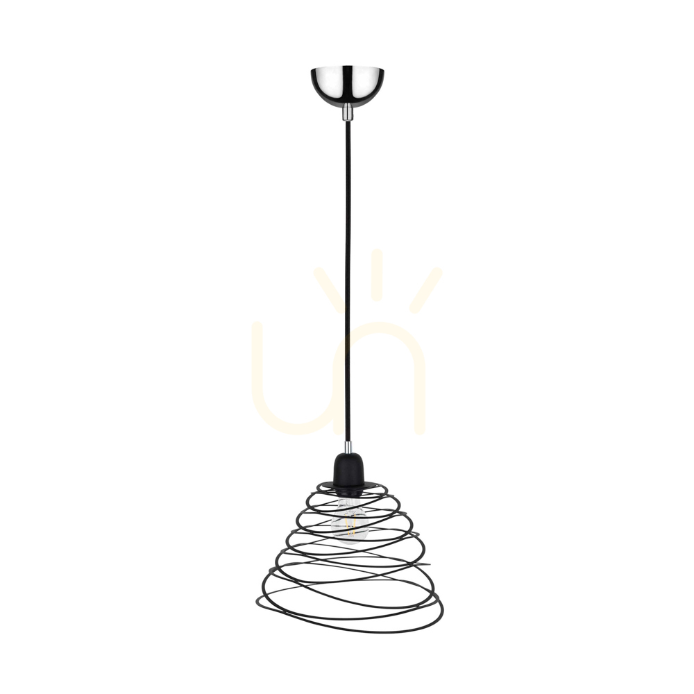 Komet Pendant Light, 1xE27, Max. 60W, Chrome Metal/Black PVC Cable/Black Metal Shade, Ø30 cm