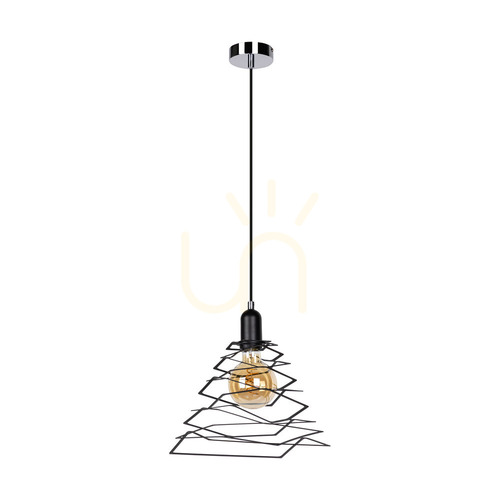 Check Komet Pendant Light, 1xE27, Max. 60W, Chrome Metal/Black PVC Cable/Black Metal Shade, 24 cm