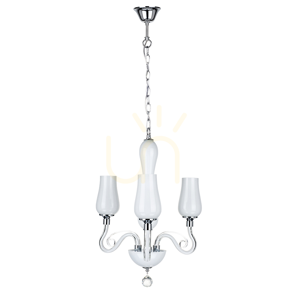 Lutecja Chandelier, 3xE14, Max. 40W, Transparent-Chrome Metal/White Glass Shade, Ø42 cm