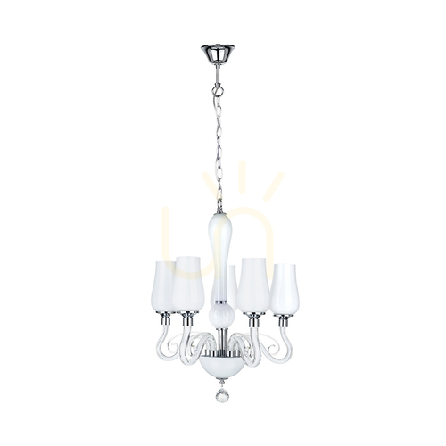 Check Lutecja Chandelier, 5xE14, Max. 40W, Transparent-Chrome Metal/White Glass Shade, Ø42 cm