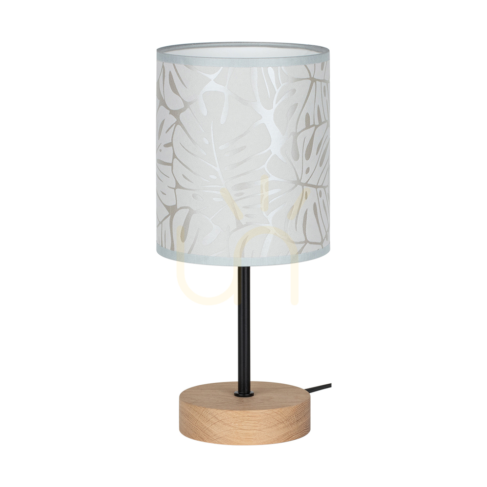 Mateo Table Lamp, 1xE27, Max. 25W, Oiled Oak/Black Metal/Black PVC Cable/Beige Lampshade Made from Wallpaper, Ø13 cm